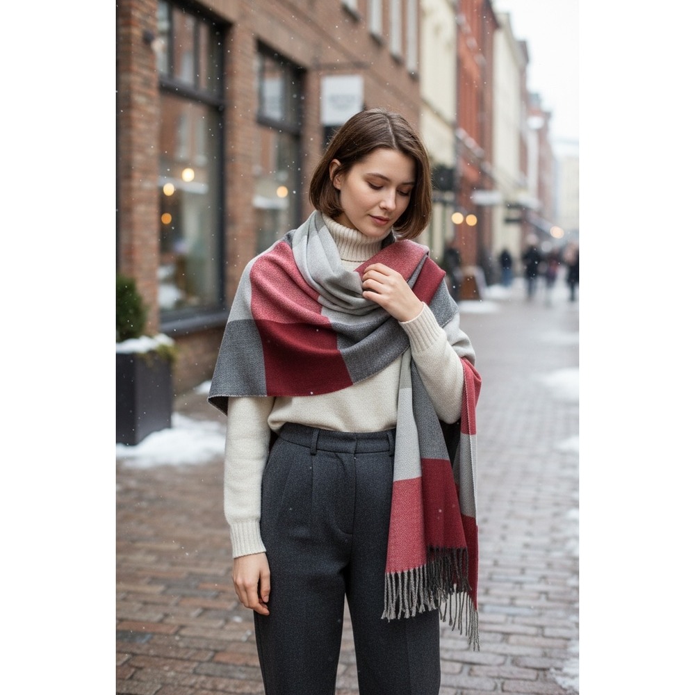 GAP Blanket Scarf Women OS Red Grey Colorblock Fringe Excellent Oversized Shawl